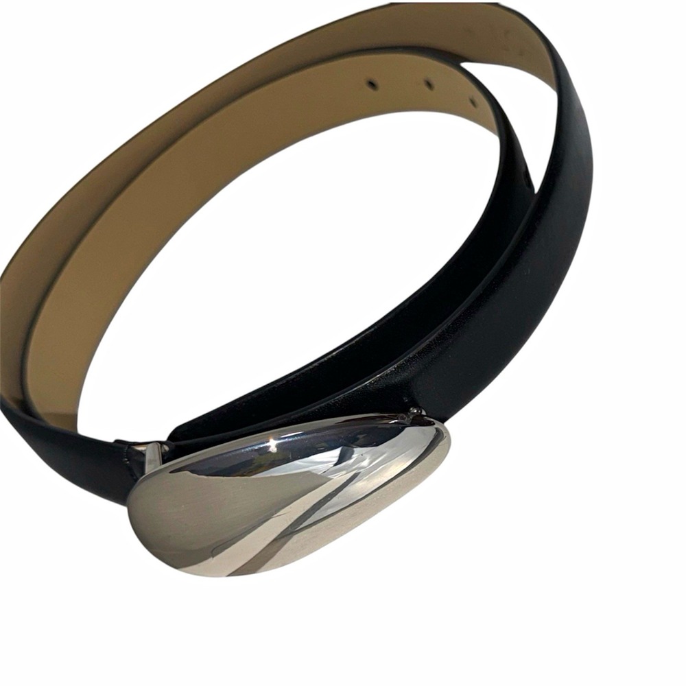 LOFT Black Leather Belt Women's Medium Silver Tone Statement Buckle